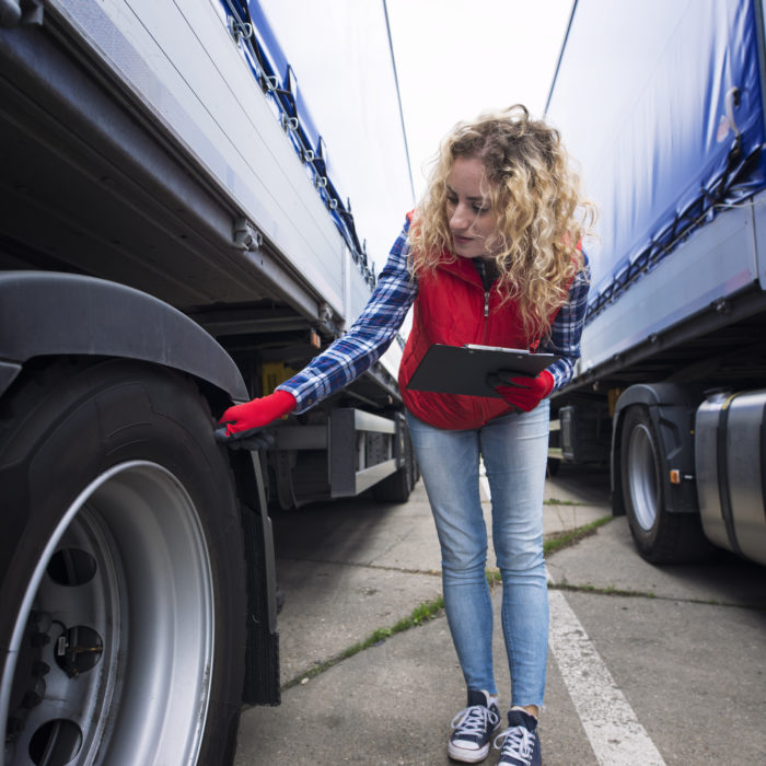 Truck Driver Checking Vehicle Tires